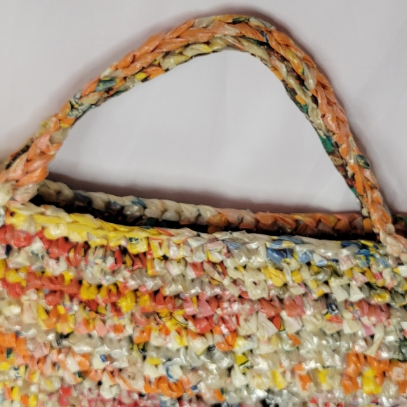 Vintage Handmade plastic bag mini tote bag fabric lined upcycled repurposed - Picture 7 of 10